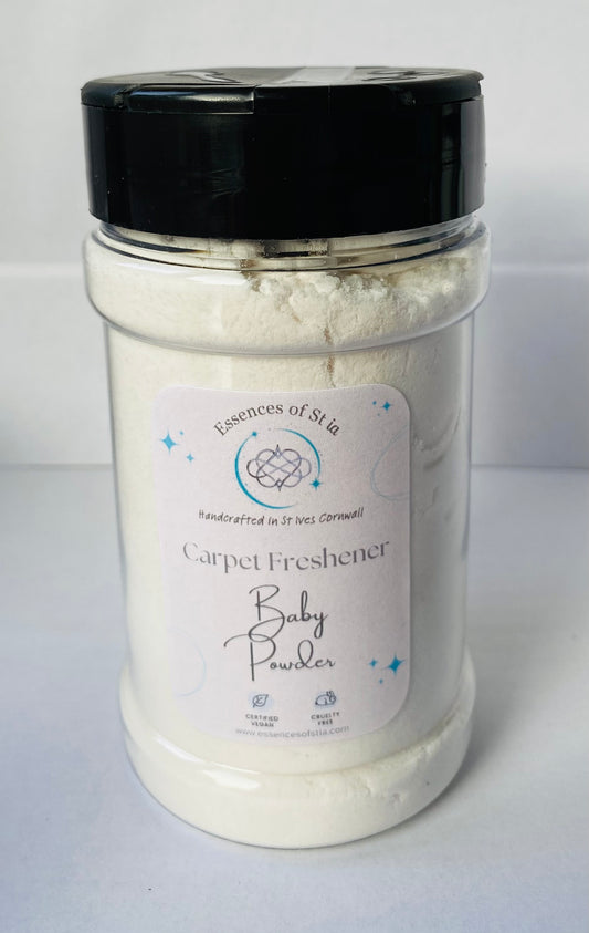 Baby Powder Carpet Freshener - A soft, clean, fresh scent. Eco-luxury, highly scented, long lasting home fragrance housed in an eco-conscious PET shaker bottle.