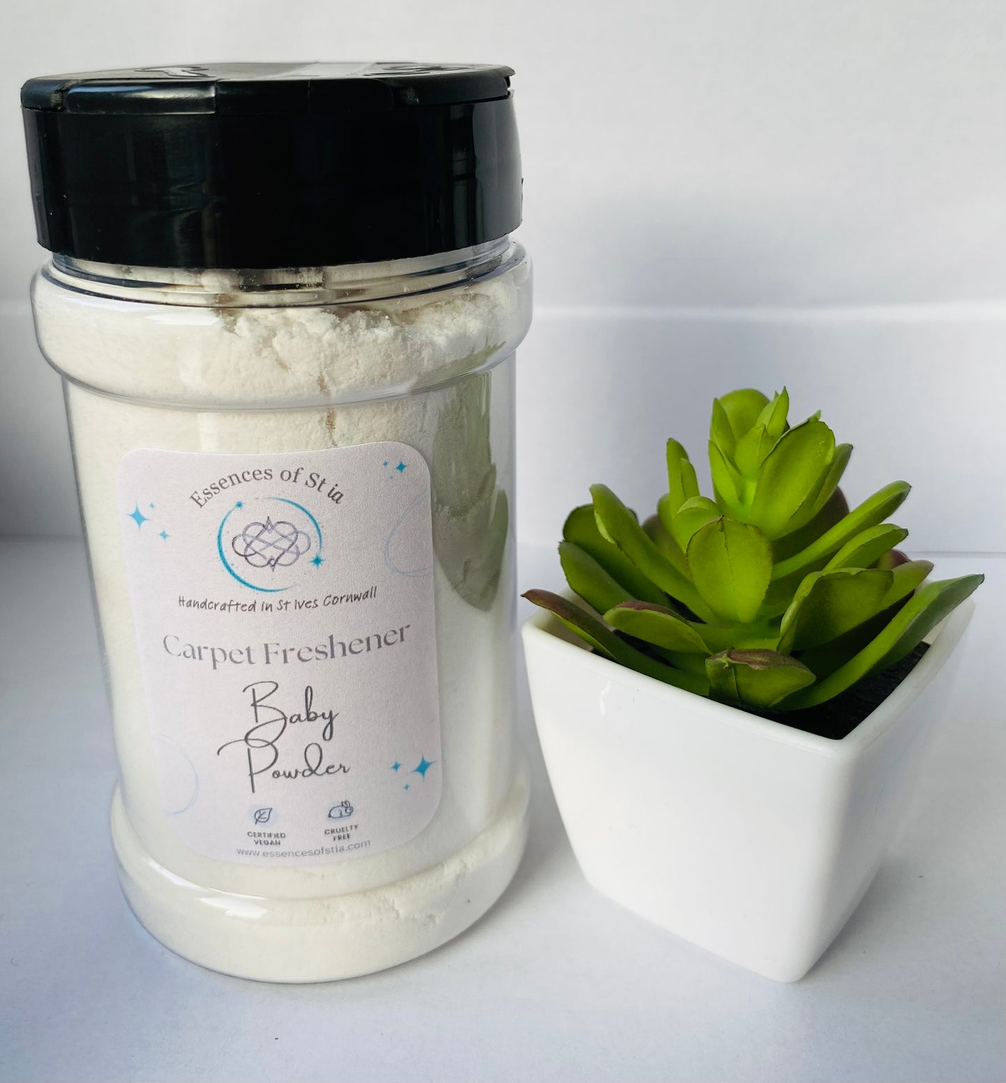 Baby Powder Carpet Freshener - Long lasting, vegan, cruelty free freshener. Highly scented, eco-luxury handmade in St Ives, Cornwall.