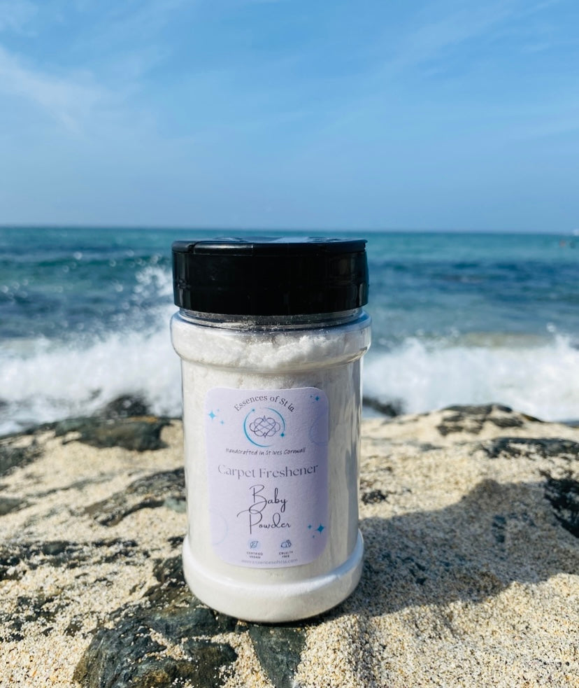 Baby Powder Carpet Freshener - Luxurious soft, clean, fresh home fragrance from the heart of St Ives, Cornwall. Highly scented, long lasting, vegan friendly and cruelty Free.