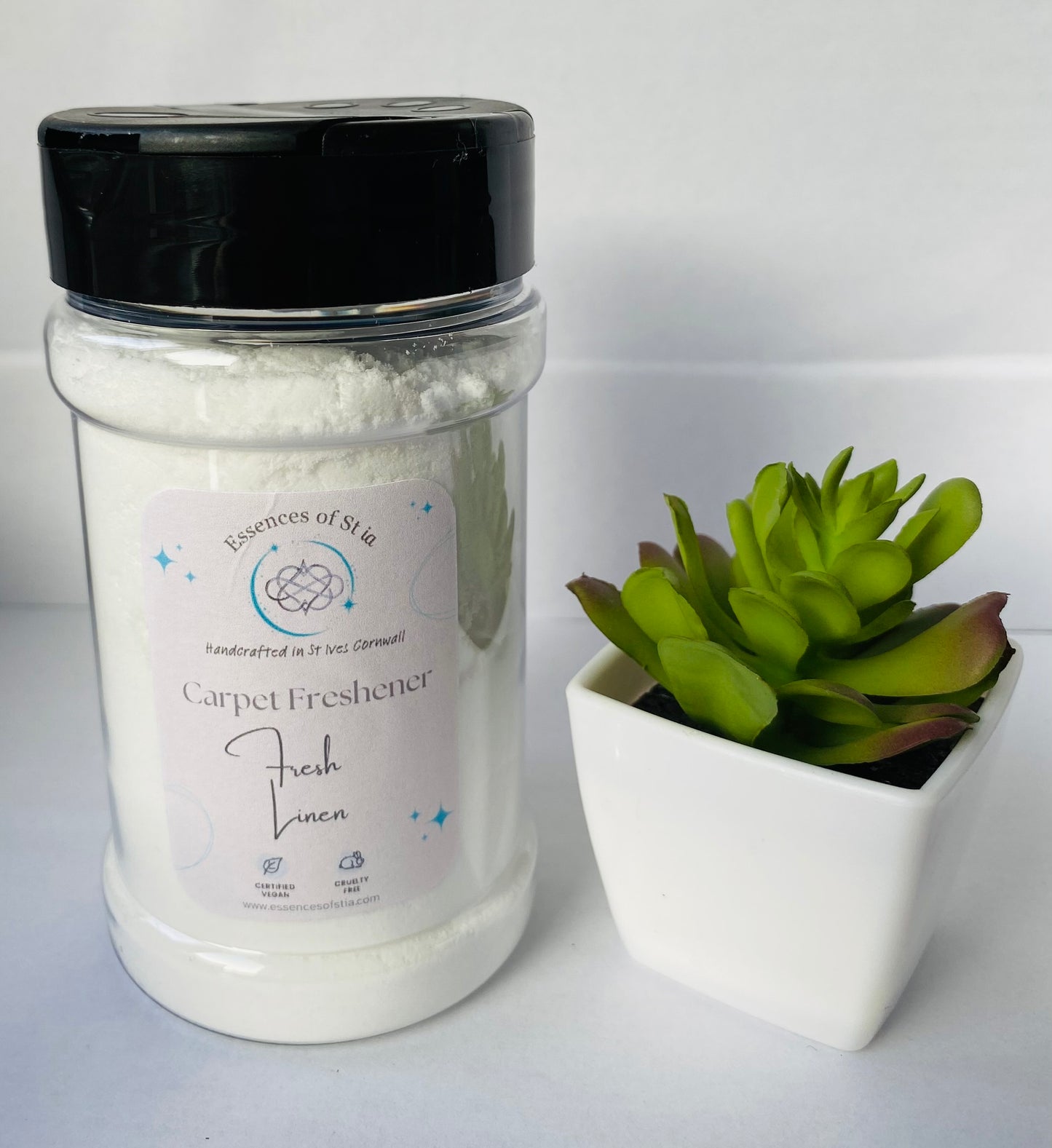 Fresh Linen Carpet Freshener - Long lasting, vegan, cruelty free freshener powder. Highly scented, eco-luxury handmade in St Ives, Cornwall.