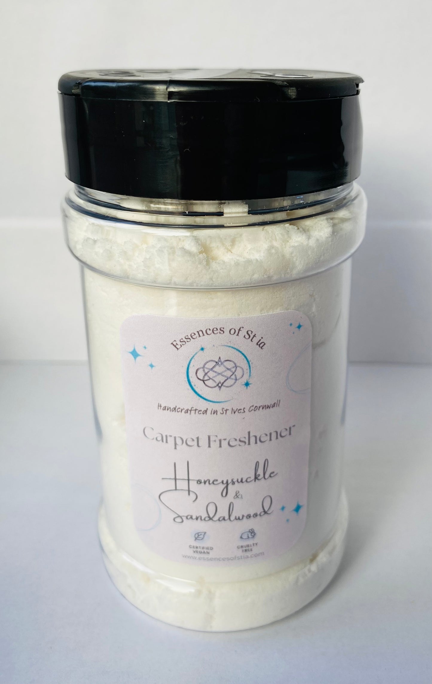Honeysuckle and Sandalwood Carpet Freshener - A floral, woody, laundry-inspired scent. Eco-luxury, highly scented, long lasting home fragrance housed in an eco-conscious PET shaker bottle.