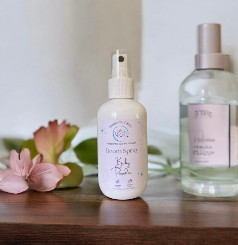 Baby Powder Room Spray - Eco-conscious, vegan, cruelty free soft, clean home fragrance. Highly scented, long lasting luxury handcrafted in St Ives, Cornwall.