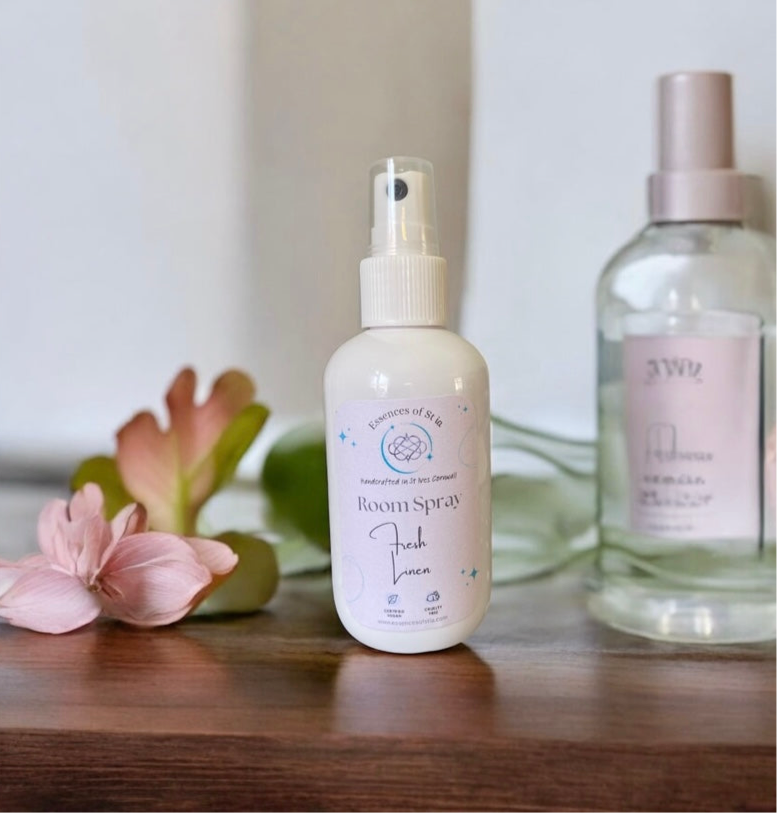 Fresh Linen Room Spray - Eco-conscious, vegan, cruelty free clean, laundry-inspired home fragrance. Highly scented, long lasting luxury handcrafted in St Ives, Cornwall.