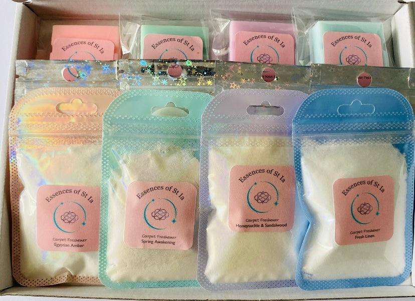 Luxury Home Fragrance Hamper ~ Original Edition - Highly scented, long lasting soy wax melts, vacuum discs and carpets fresheners in Angels, Egyptian Amber, Fresh Linen, Honeysuckle and Sandalwood and Spring Awakening. Vegan friendly, cruelty free home fragrance. Handmade in St Ives, Cornwall