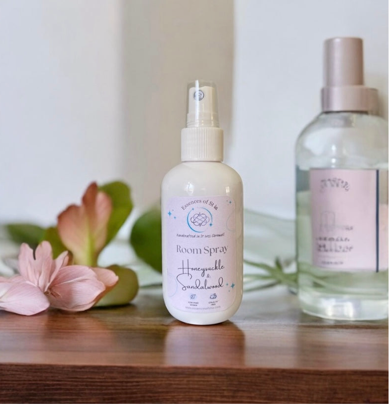 Honeysuckle and Sandalwood Room Spray - Eco-conscious, vegan, cruelty free floral, woody, laundry-inspired home fragrance. Highly scented, long lasting luxury handcrafted in St Ives, Cornwall.