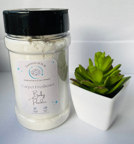 Baby Powder Carpet Freshener - Long lasting, vegan, cruelty free freshener. Highly scented, eco-luxury handmade in St Ives, Cornwall. 
