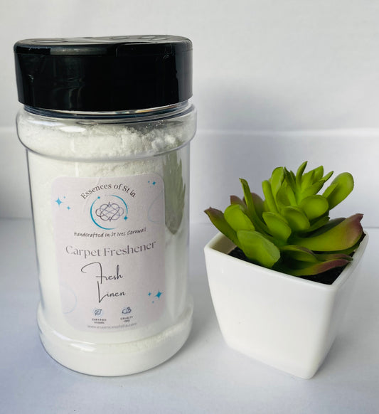 Fresh Linen Carpet Freshener - Long lasting, vegan, cruelty free freshener powder. Highly scented, eco-luxury handmade in St Ives, Cornwall. 