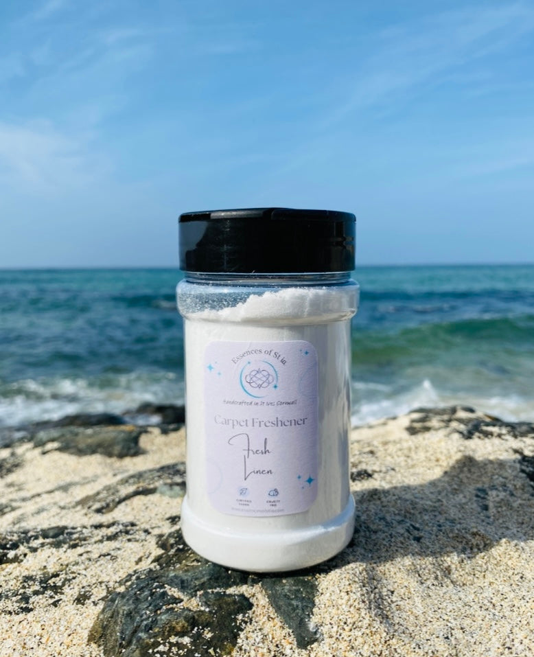 Fresh Linen Carpet Freshener - Luxurious clean, laundry-inspired home fragrance from the heart of St Ives, Cornwall. Highly scented, long lasting, vegan friendly and cruelty Free. 