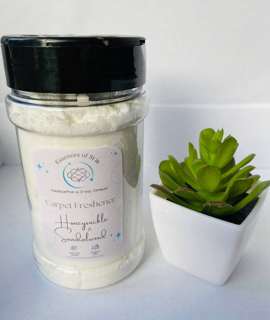 Honeysuckle and Sandalwood Carpet Freshener - Long lasting, vegan, cruelty free freshener. Highly scented, eco-luxury handmade in St Ives, Cornwall. 
