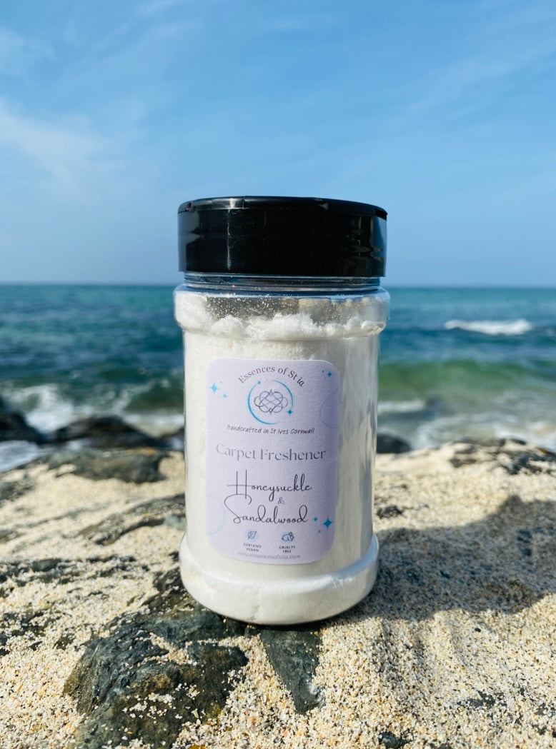 Honeysuckle and Sandalwood Carpet Freshener - Luxurious floral, woody, laundry-inspired home fragrance from the heart of St Ives, Cornwall. Highly scented, long lasting, vegan friendly and cruelty Free. 