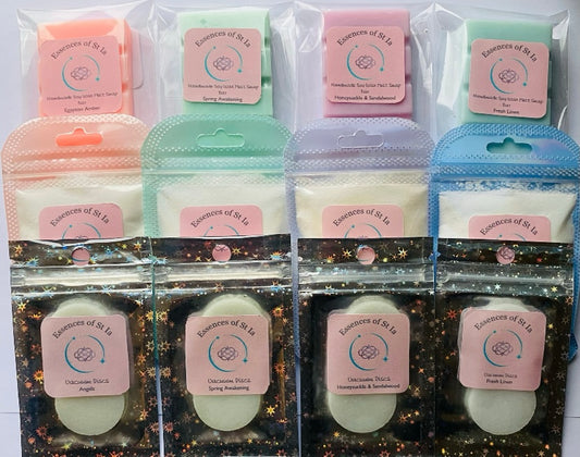  Luxury Home Fragrance Hamper ~ Original Edition. Soy wax melts, carpet fresheners and vacuum discs in Angels, Egyptian Amber, Fresh Linen, Honeysuckle and Sandalwood and Spring Awakening. Highly scented, long lasting, vegan friendly, cruelty free home fragrance handcrafted from the heart of St Ives, Cornwall