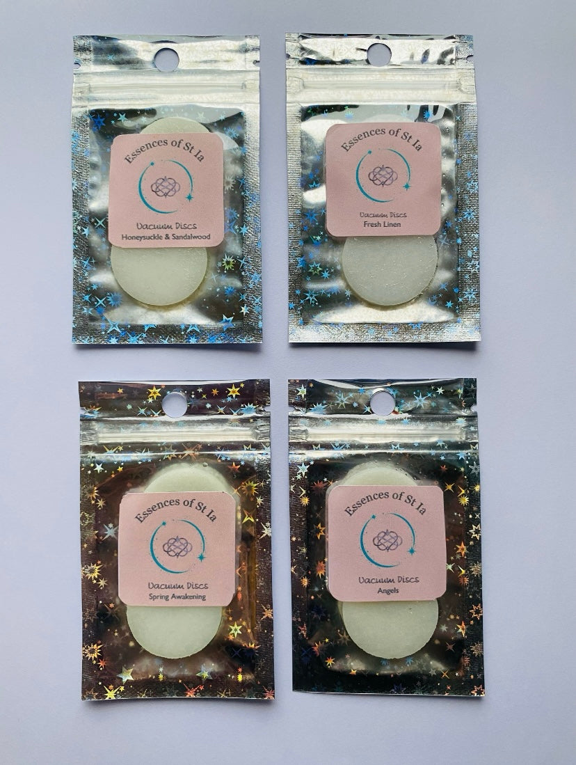 Luxury Home Fragrance Hamper ~ Original Edition - Highly scented vacuum discs in Angels, Fresh Linen, Honeysuckle and Sandalwood and Spring Awakening. Long lasting, cruelty free, vegan home fragrance handmade in St Ives, Cornwall 