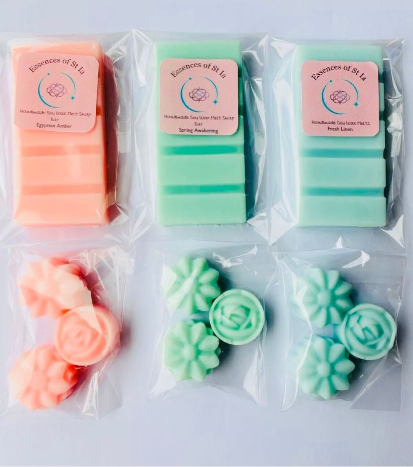 Luxury Home Fragrance Hamper ~ Golden Breeze Edition - Soy wax melts in Egyptian Amber, Fresh Linen & Spring Awakening. Highly scented, long lasting, vegan friendly, cruelty free home fragrance handcrafted from the heart of St Ives, Cornwall
