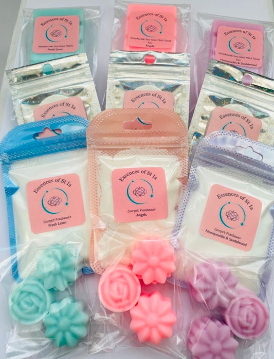 Luxury Home Fragrance Hamper ~ Whispers of Serenity Edition. Soy wax melts, carpet fresheners and vacuum discs in Angels, Fresh Linen and Honeysuckle and Sandalwood. Highly scented, long lasting, vegan friendly, cruelty free home fragrance handcrafted from the heart of St Ives, Cornwall