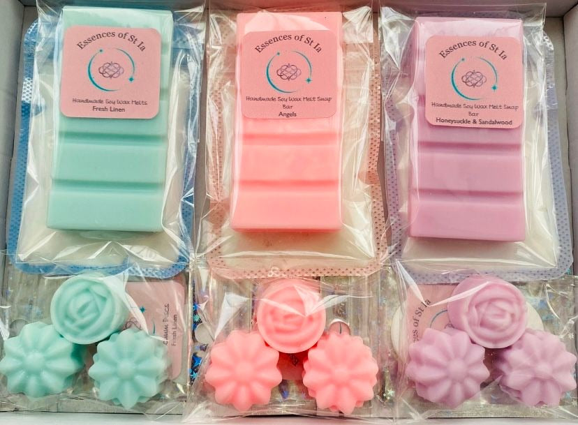 Luxury Home Fragrance Hamper ~ Whispers of Serenity Edition - Highly scented, long lasting soy wax melts, vacuum discs and carpets fresheners in Angels, Fresh Linen and Honeysuckle and Sandalwood. Vegan friendly, cruelty free home fragrance. Handmade in St Ives, Cornwall