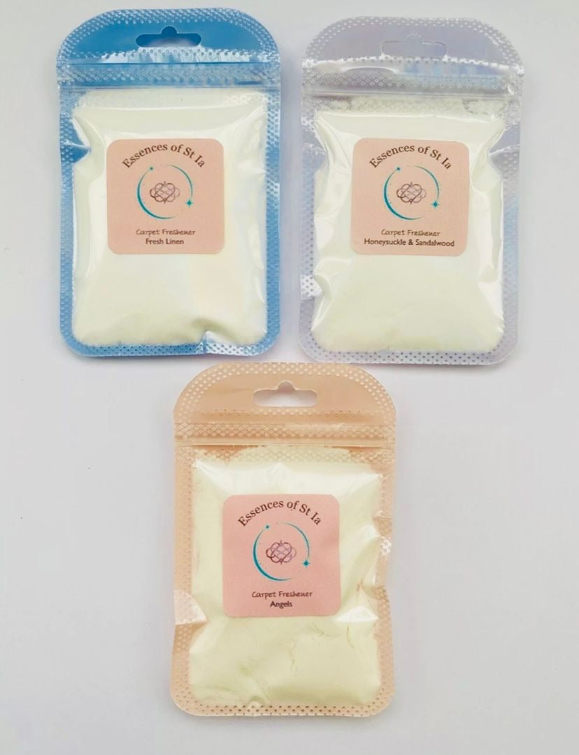 Luxury Home Fragrance Hamper ~ Whispers of Serenity Edition - Eco-conscious carpet fresheners in Angels, Fresh Linen and Honeysuckle and Sandalwood. Highly scented, long lasting, vegan friendly, cruelty free home fragrance handcrafted in St Ives, Cornwall 