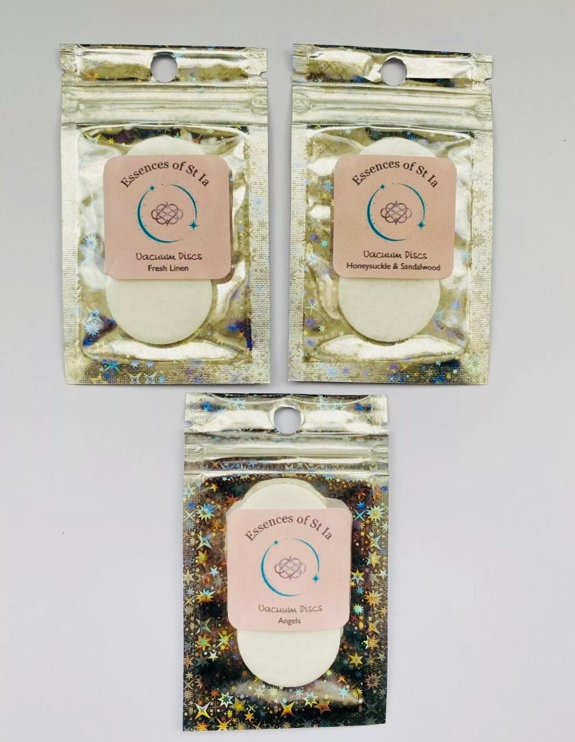 Luxury Home Fragrance Hamper ~ Whispers of Serenity Edition - Highly scented vacuum discs in Angels, Fresh Linen and Honeysuckle and Sandalwood. Long lasting, cruelty free, vegan home fragrance handmade in St Ives, Cornwall 