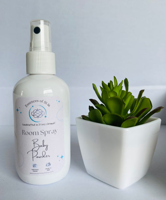 Baby Powder Room Spray - Long lasting, vegan, cruelty free fragrance mist. Highly scented, eco-luxury handmade in St Ives, Cornwall. 