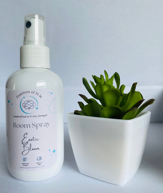 Exotic Bloom Room Spray - Long lasting, vegan, cruelty free fragrance mist. Highly scented, eco-luxury handmade in St Ives, Cornwall. 