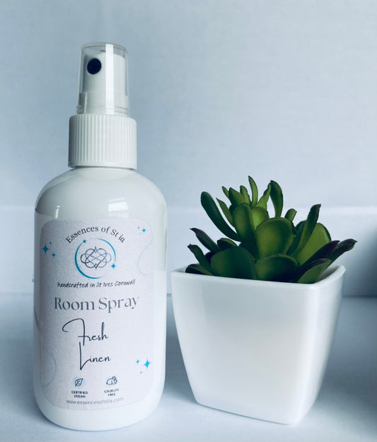 Fresh Linen Room Spray - Long lasting, vegan, cruelty free fragrance mist. Highly scented, eco-luxury handmade in St Ives, Cornwall. 