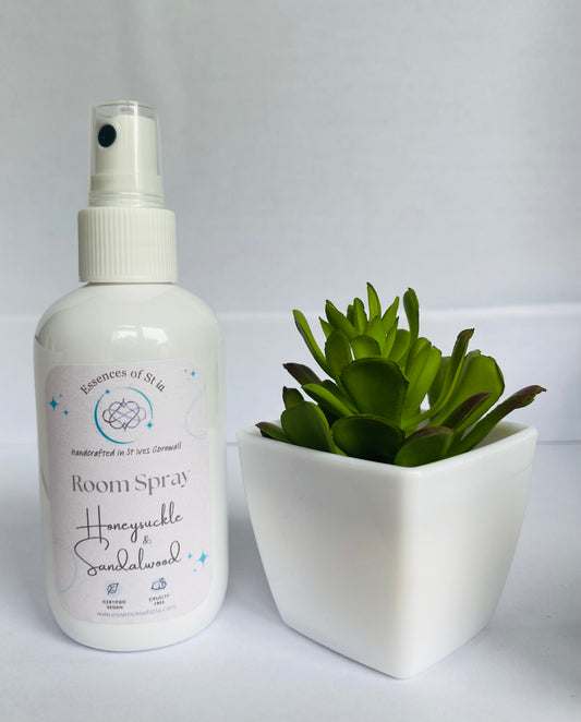 Honeysuckle and Sandalwood Room Spray - Long lasting, vegan, cruelty free fragrance mist. Highly scented, eco-luxury handmade in St Ives, Cornwall. 